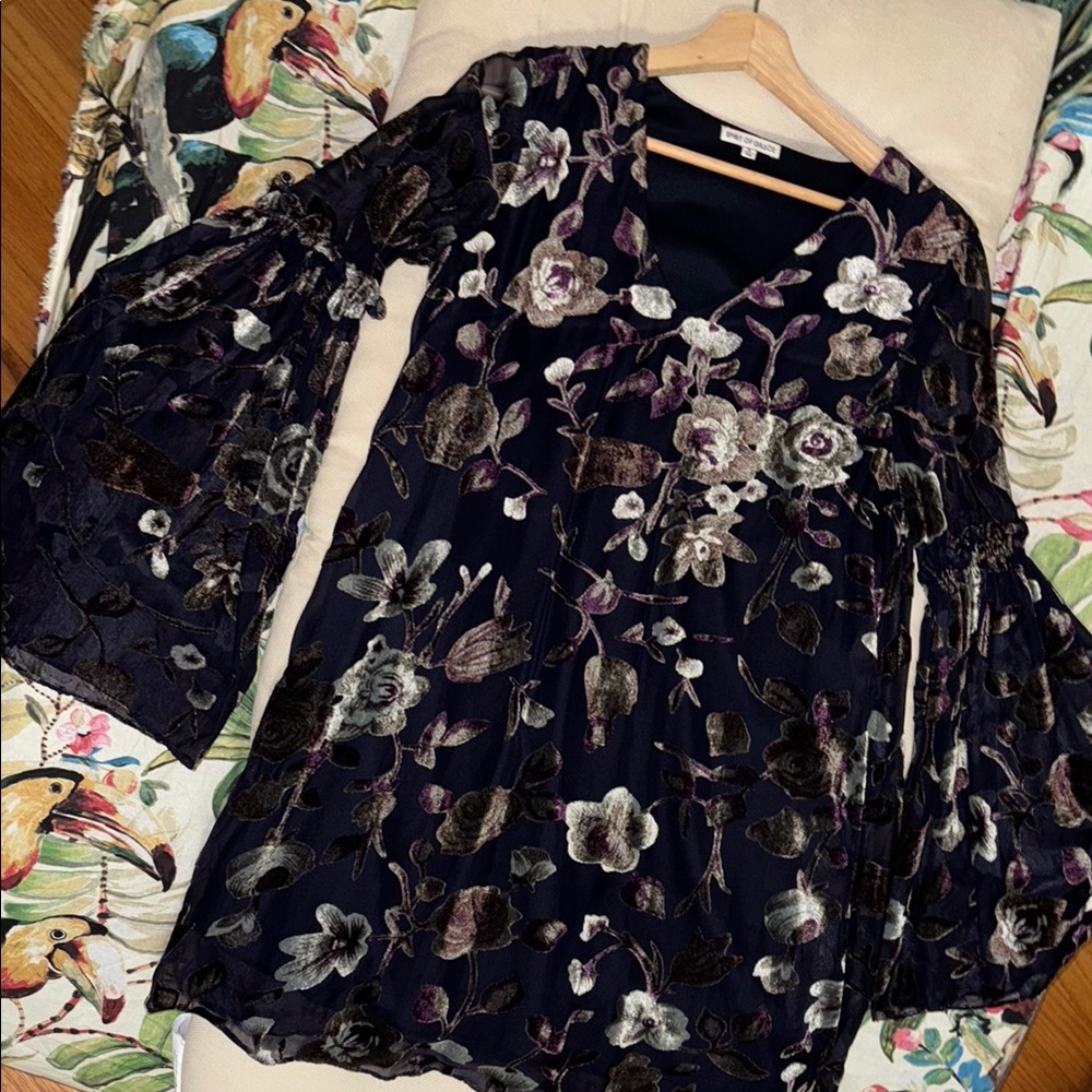 Spirit of Grace Flowy Floral Mini Dress with Bell Sleeves and Velvet Accents